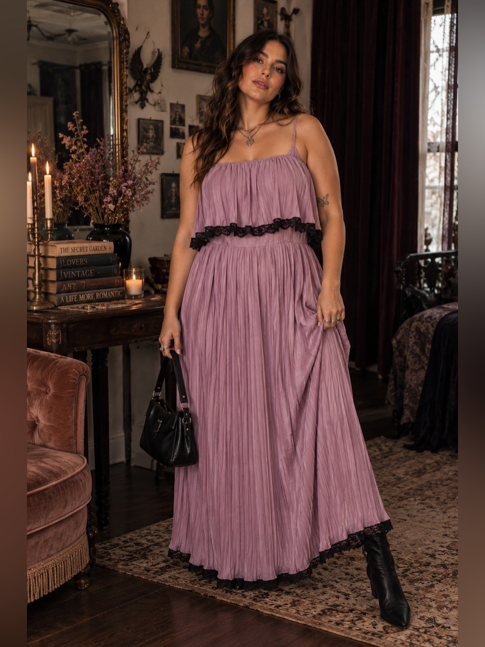 Wax Poetic Lavender Pleated Lace Midi Dress Romantic Goth Whimsigoth Y2K XL